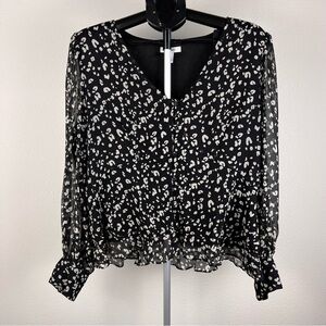 Nine West Black & White Sheer Sleeve Leopard-Spot V-Neck Bottom Front Blouse XL